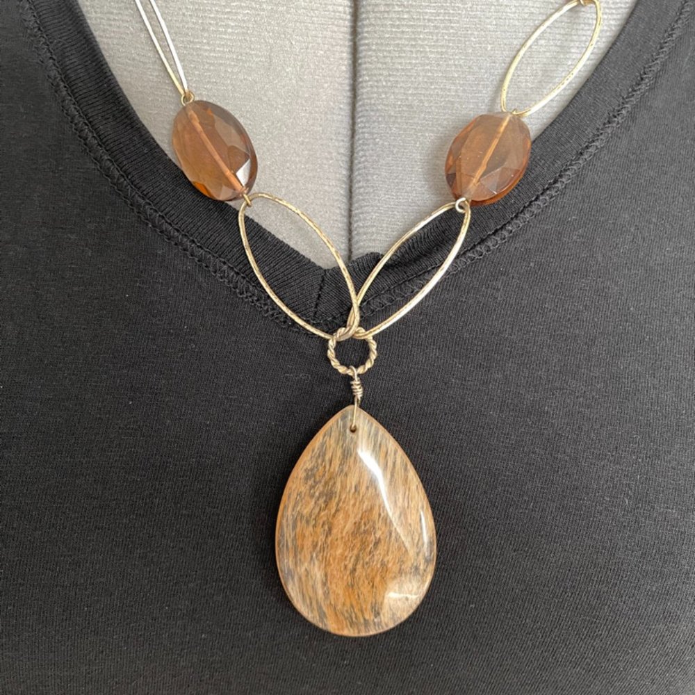 Amber Colored Stone Necklace with pastel Beads. Gold Tone